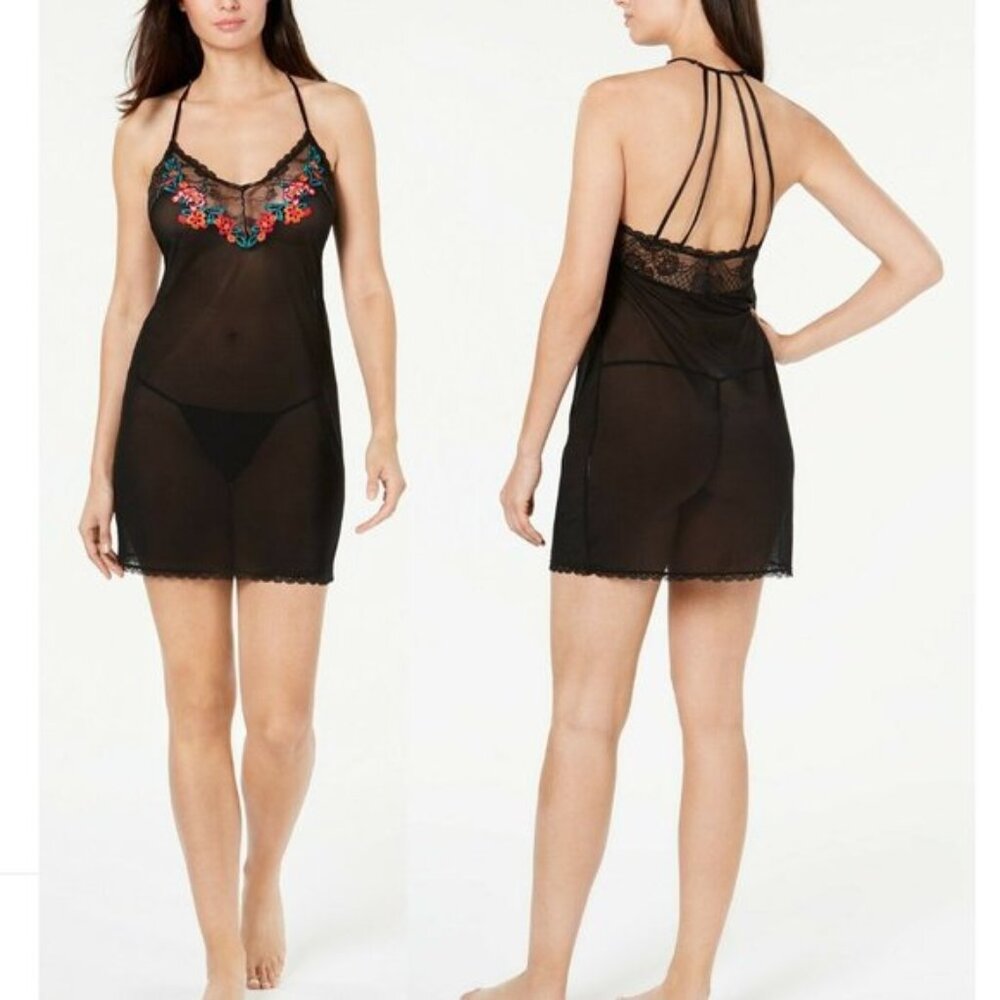 New w Tag INC Sexy Black Sheer Floral Slip Dress & Thong Woman S